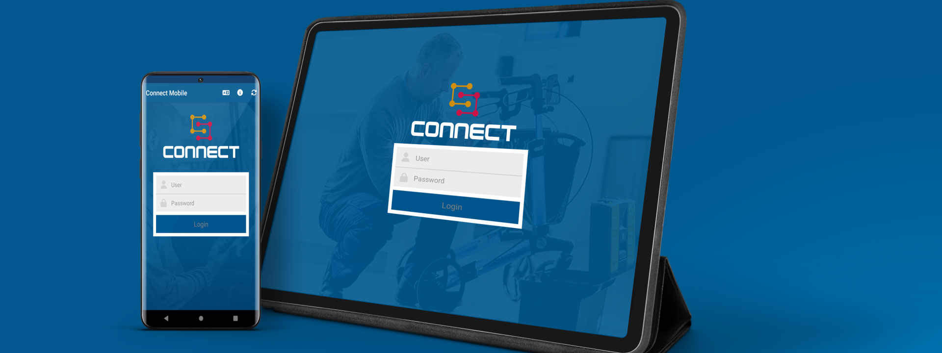 Tablet en mobiele telefoon met de Sigmax Connect-app, de ultieme field service-oplossing voor efficiënte en naadloze operaties.